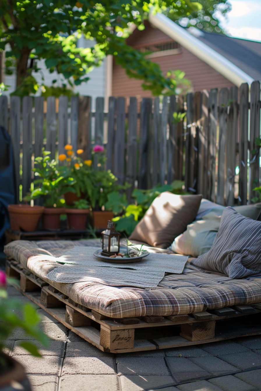 A cozy outdoor pallet bed with cushions and a throw in a sunlit garden with plants and a wood fence in the background.