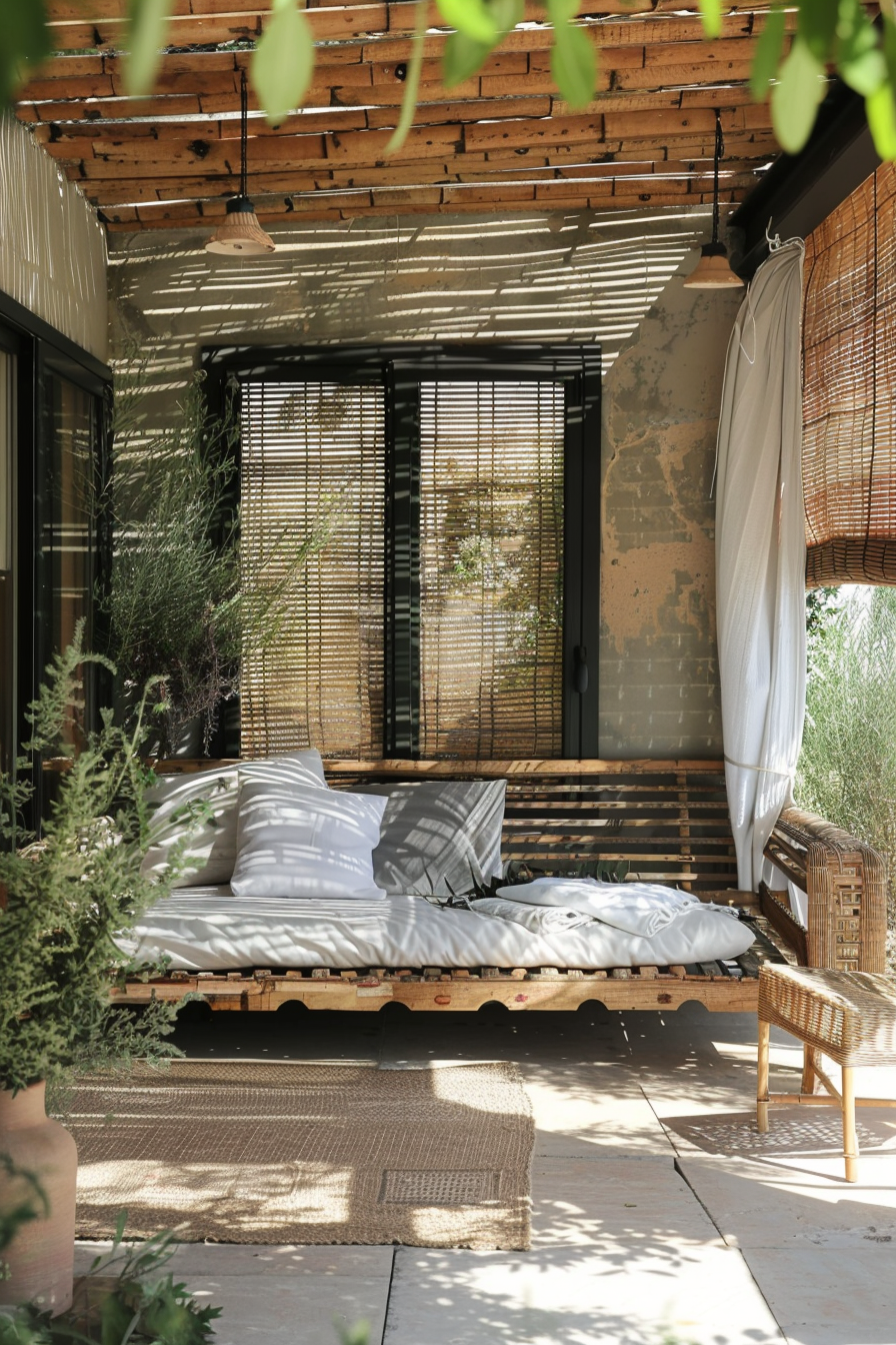 A cozy outdoor patio with a pallet bed, soft cushions, wicker furniture, and plants, shaded by slatted blinds.