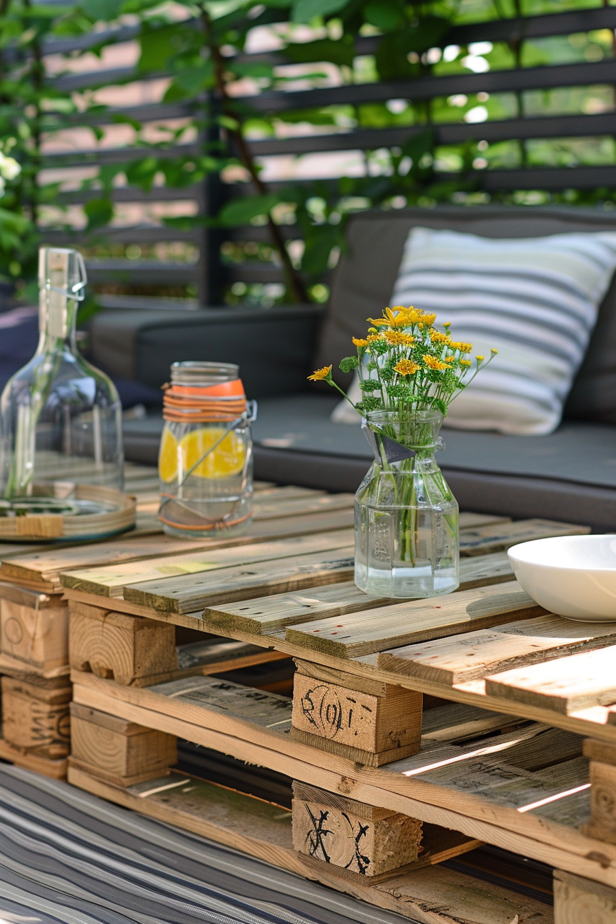 Outdoor setting with a DIY pallet table featuring a vase with yellow flowers, a drink jar with lemon, and a clear bottle.
