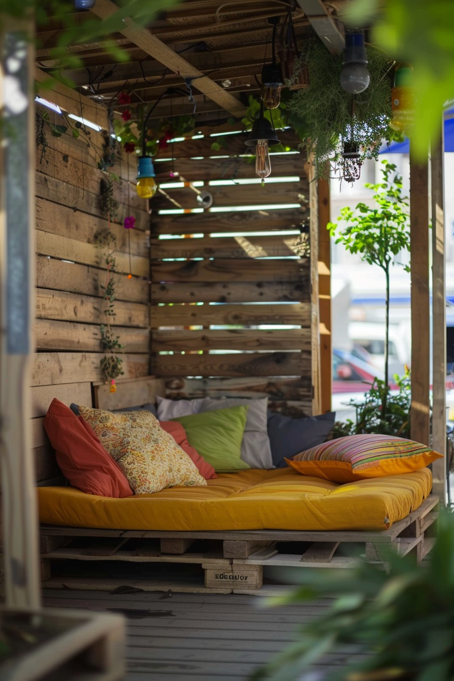Cozy outdoor nook with colorful cushions on a pallet sofa under a wooden pergola with hanging plants and lights.