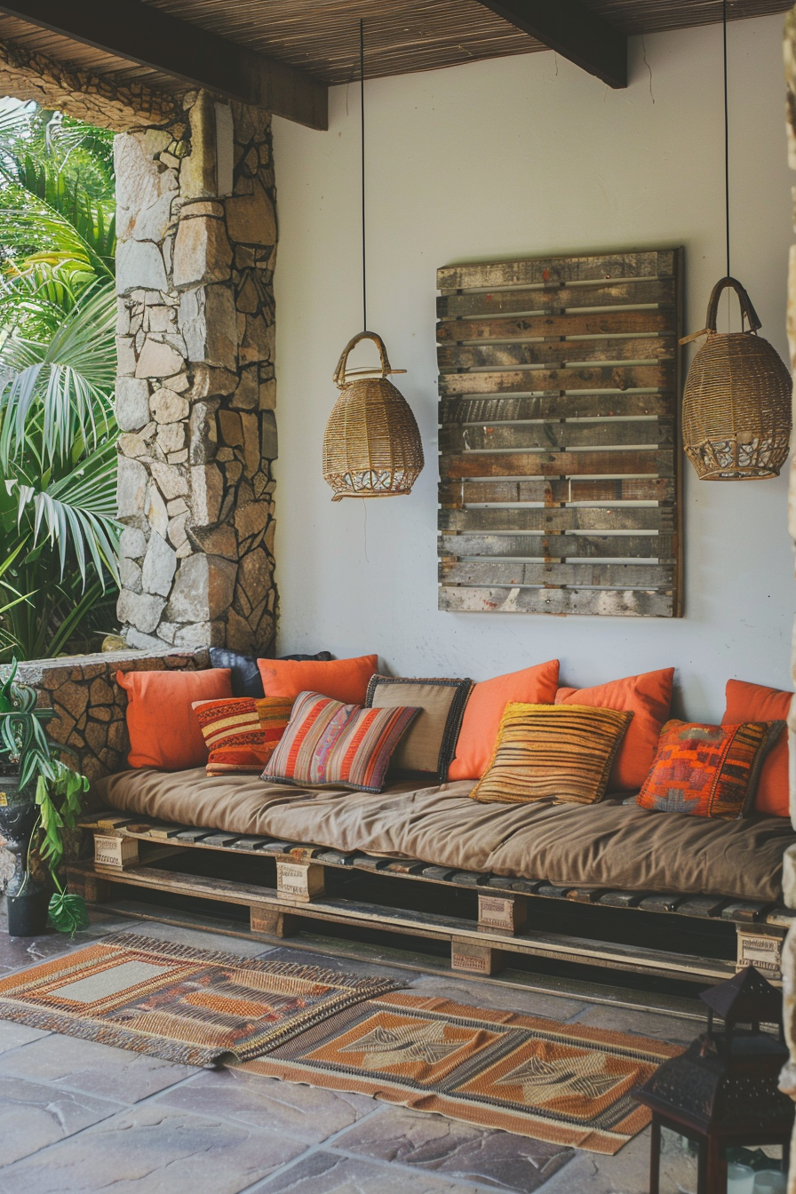 Cozy outdoor sitting area with pallet sofa adorned with orange cushions, wicker lamps, and rustic wooden wall art.