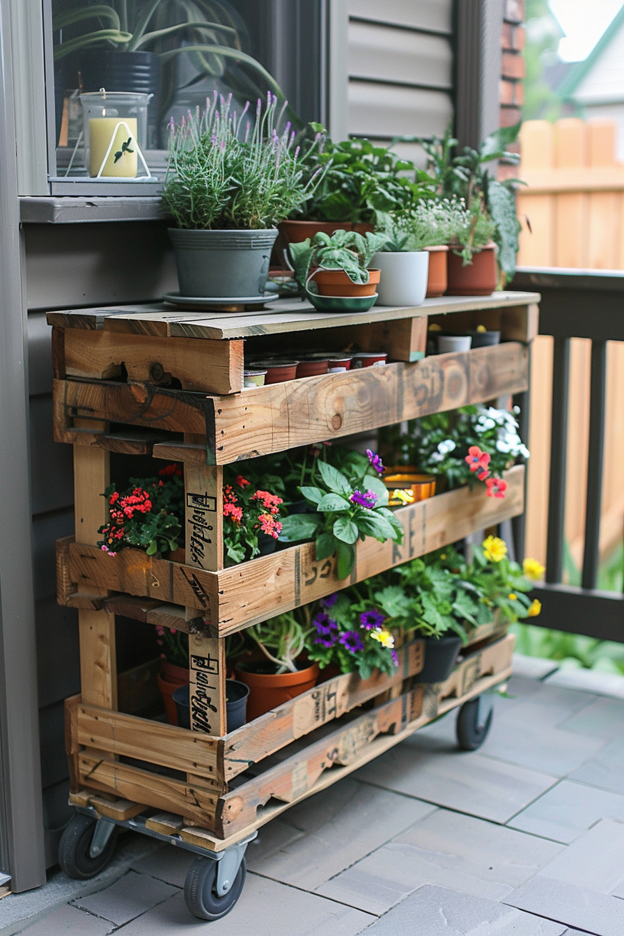 DIY wooden pallet plant stand on wheels with various potted plants and herbs on a balcony.
