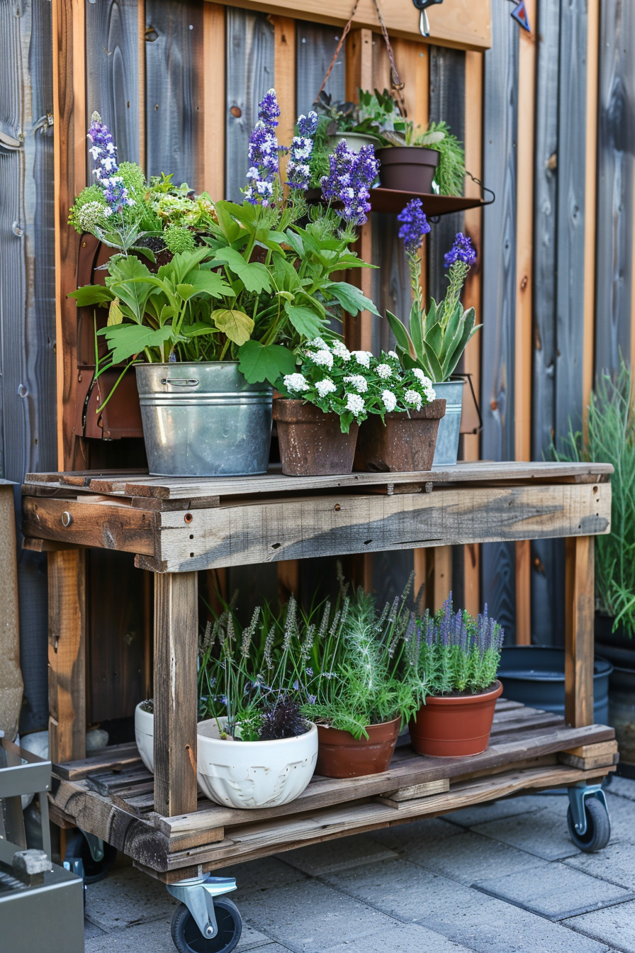 A rustic wooden plant stand on casters filled with a variety of potted plants and flowers by a wooden fence.