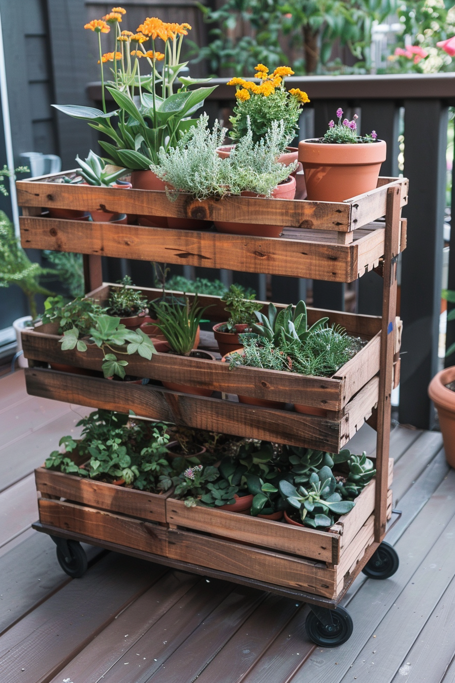 ALT: A three-tiered wooden plant stand on wheels, filled with various potted plants and succulents, on a deck.