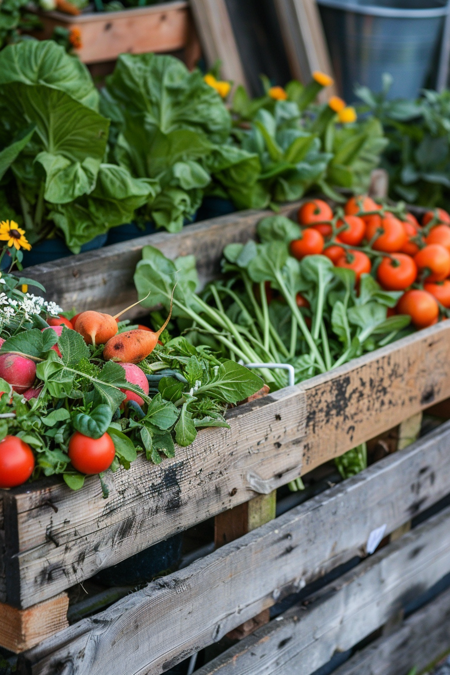 Wooden crates filled with fresh vegetables, including tomatoes, radishes, and leafy greens.