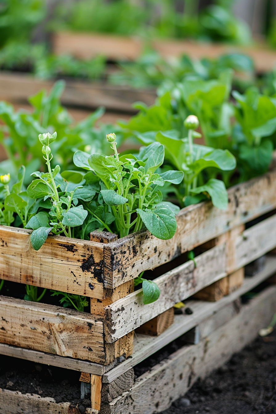 Young green plants growing in stacked wooden pallets used as garden planters.