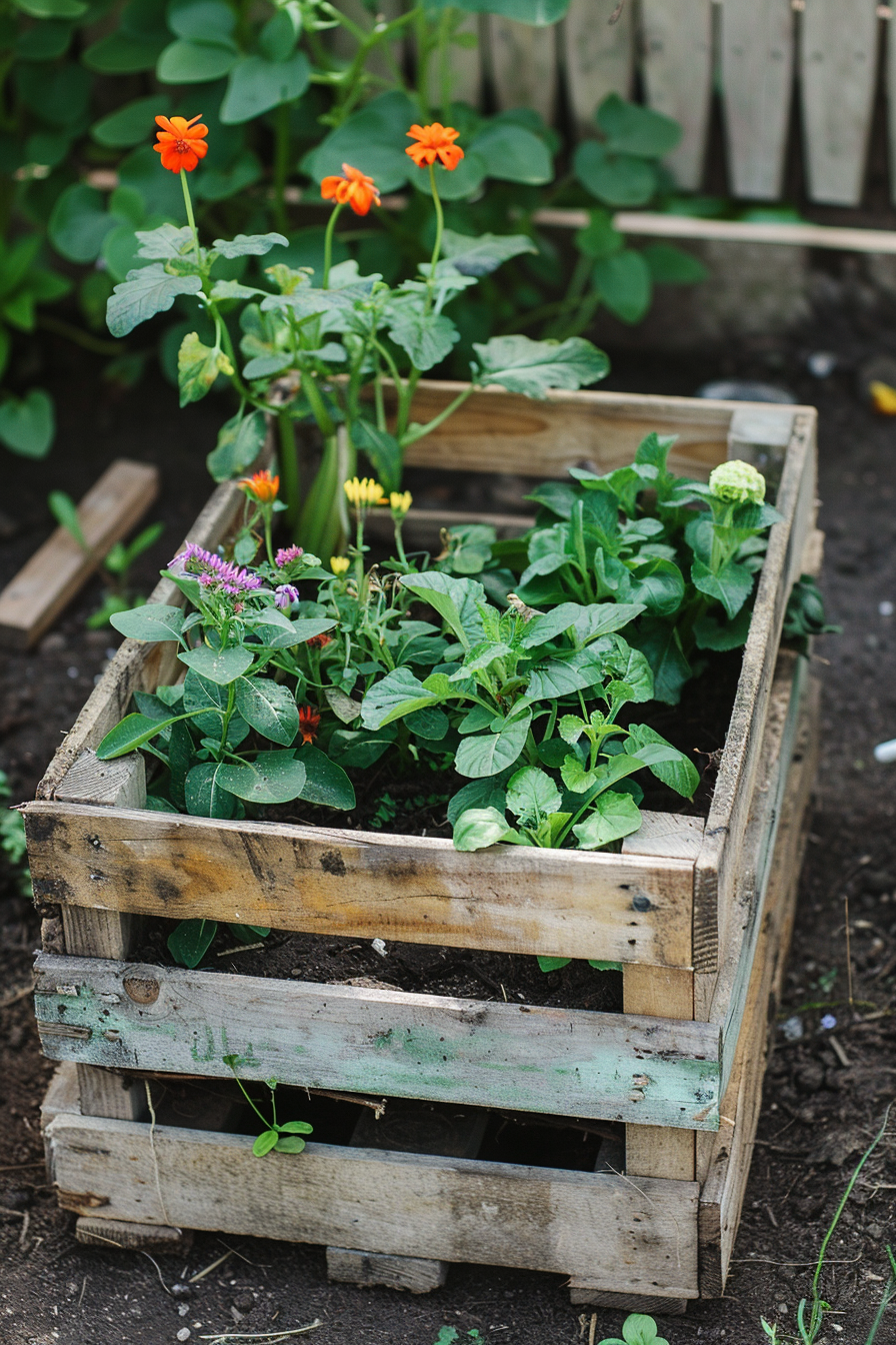 A DIY wooden pallet garden planter filled with various flowers and plants against a wooden fence backdrop.