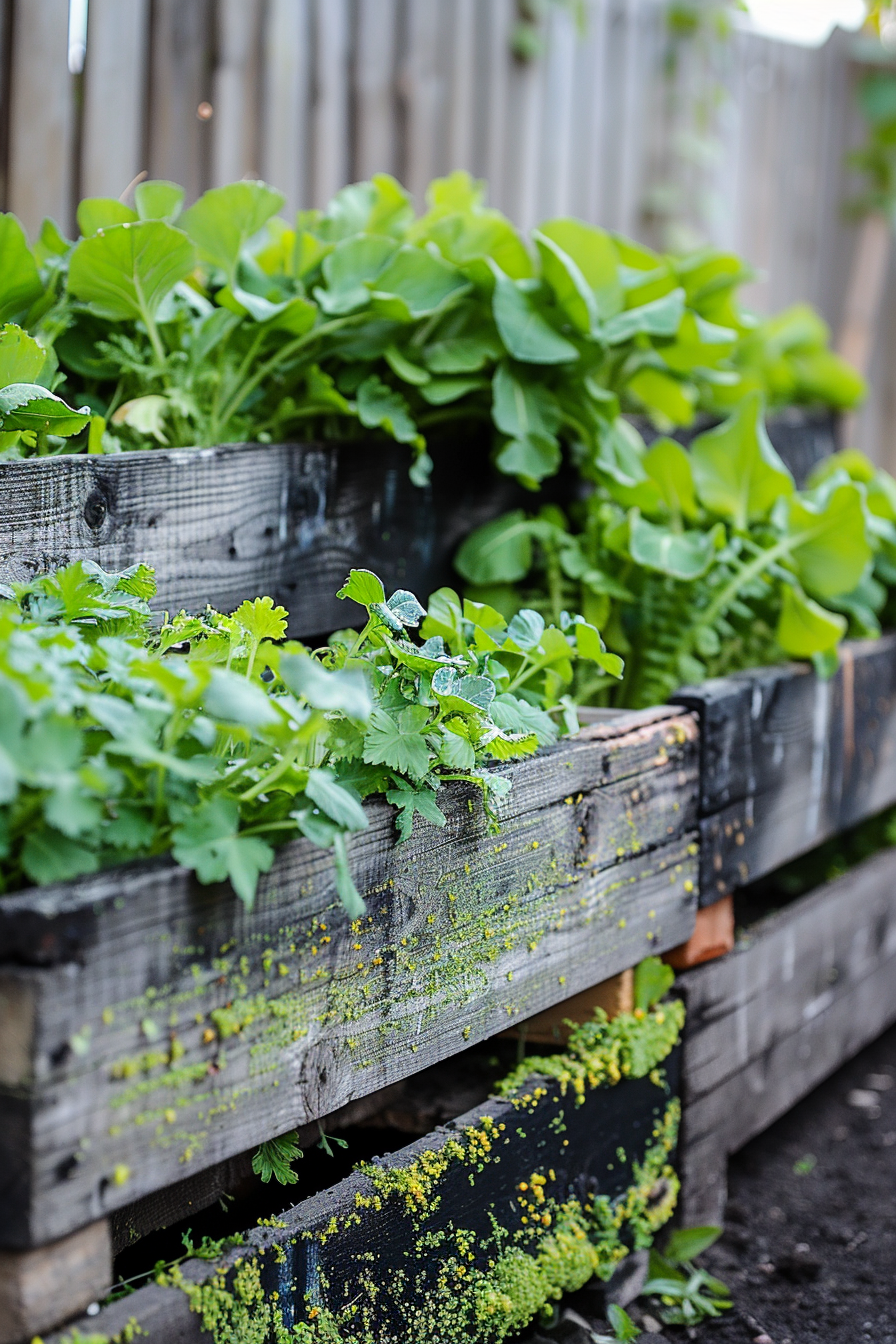 Fresh leafy greens growing in layered wooden pallet gardens against a fence.