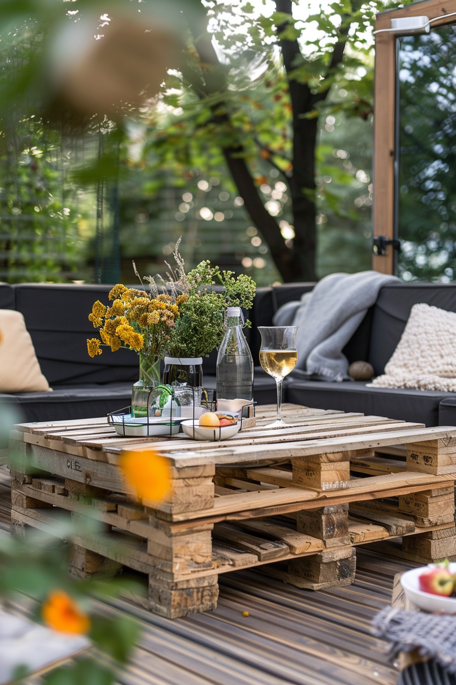 A cozy outdoor setting with a DIY pallet table, a bouquet, a bottle of water, and a glass of white wine, surrounded by greenery.