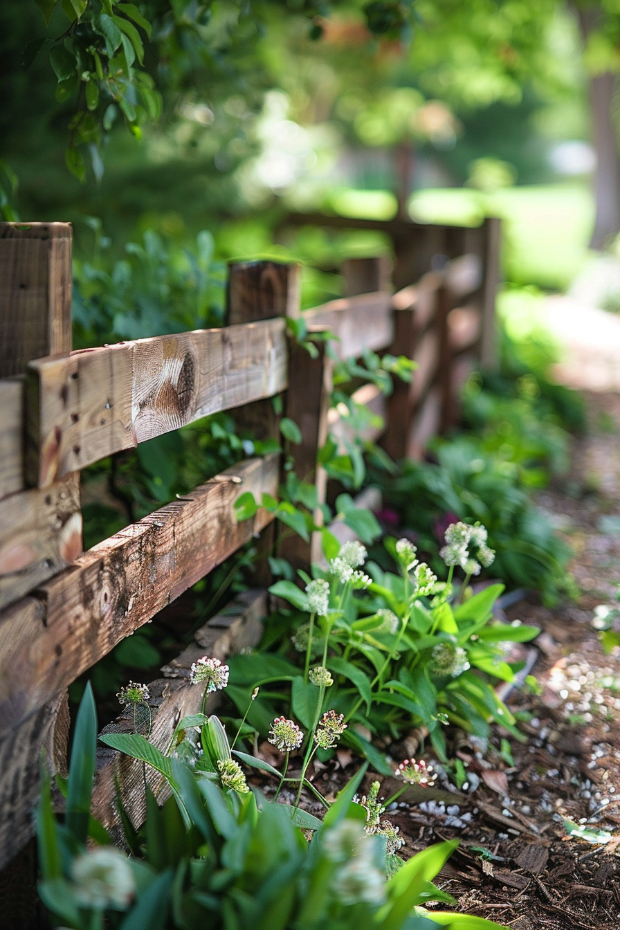 ALT: A rustic wooden fence lines a garden pathway with green foliage and small white blossoms, shallow depth of field focusing on plants.