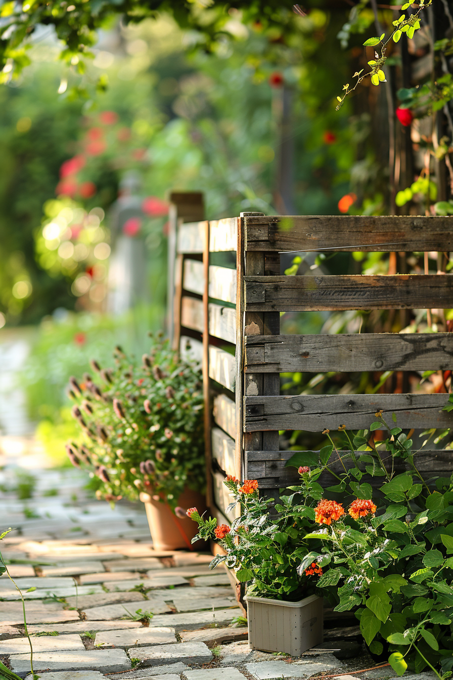 A serene garden pathway lined with potted plants and flowers alongside a wooden fence, with backlighting from the sun.