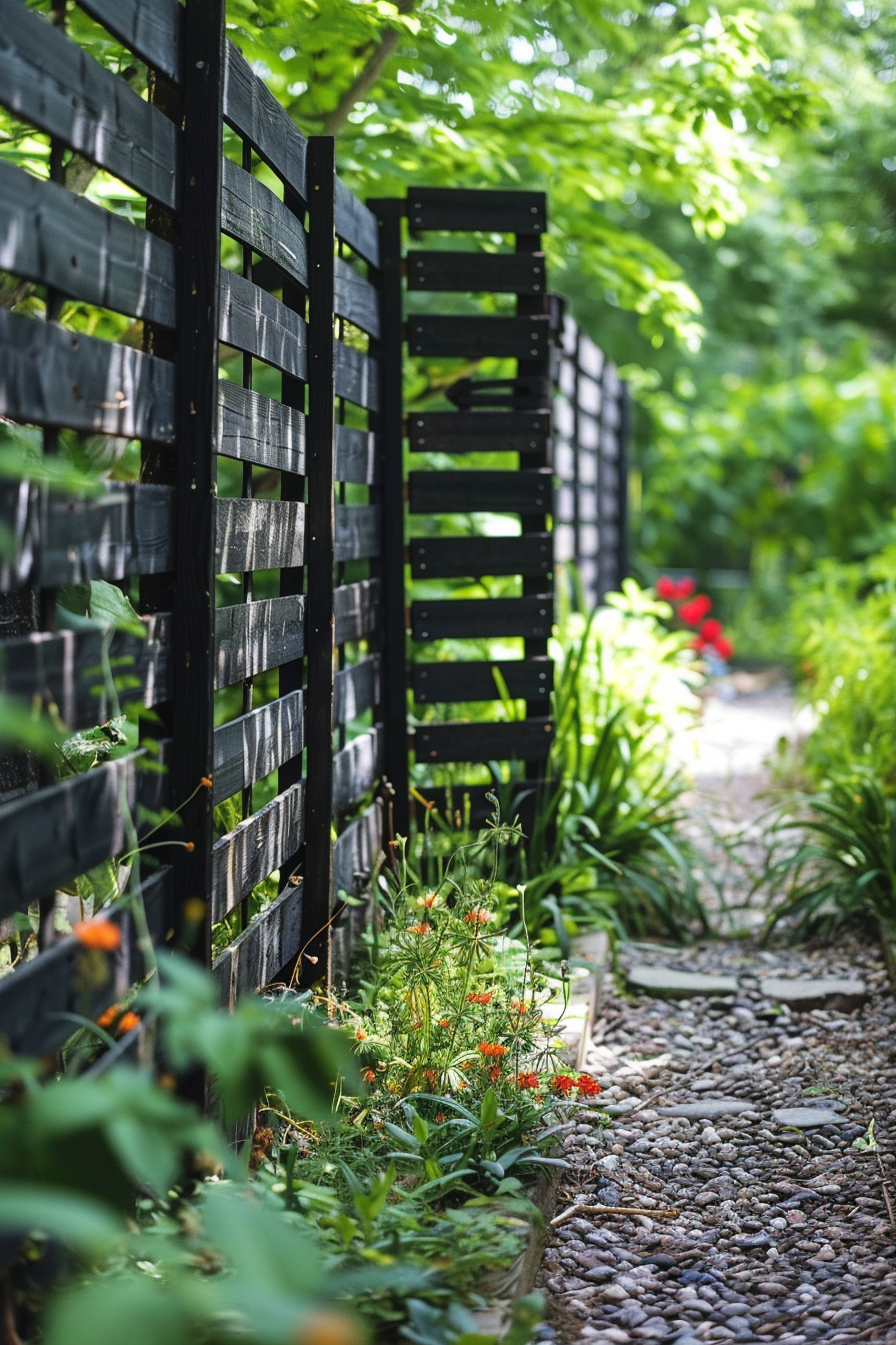 A serene garden path lined with a black wooden lattice fence and flourishing green plants, leading through a lush landscape.