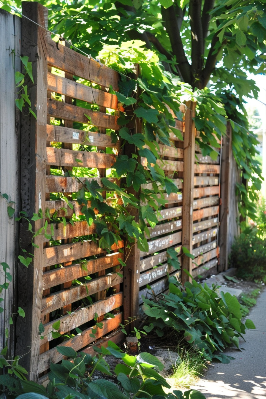 Wooden pallet fence with green vines along a sidewalk, bathed in dappled sunlight with lush foliage above.