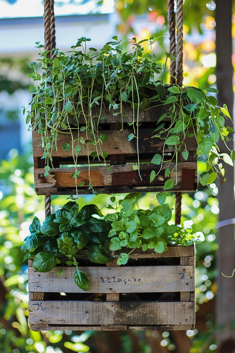 Two wooden pallet planters hanging by rope filled with assorted green plants, suspended in a garden area.