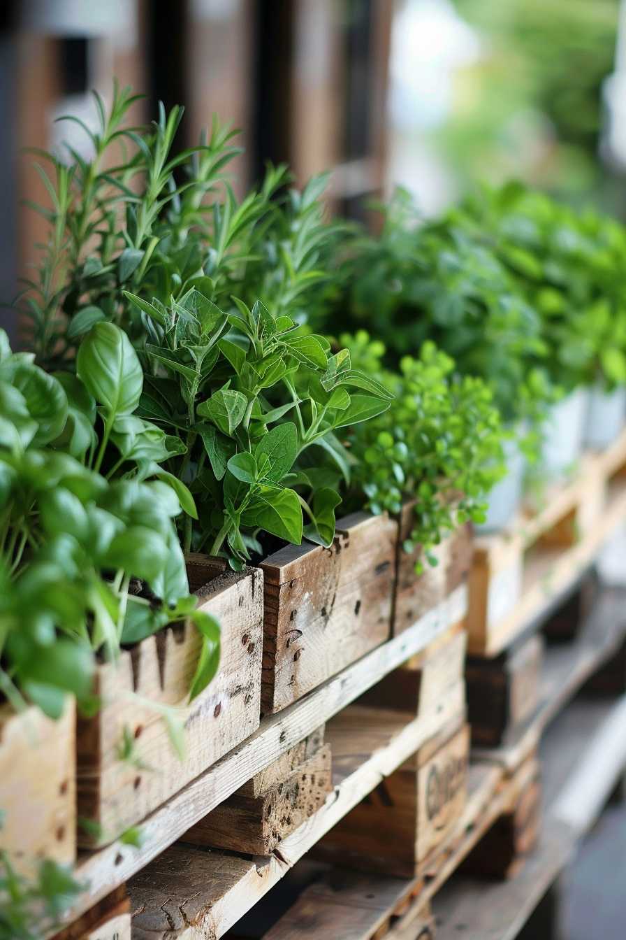 A variety of fresh herbs growing in rustic wooden crates on a shelf.