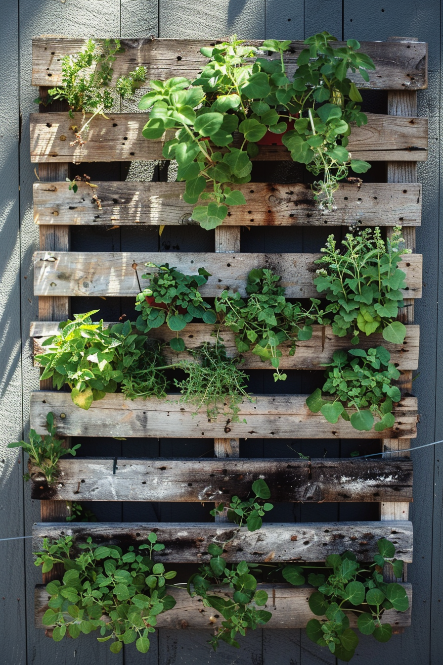 Vertical garden with plants growing in a pallet mounted on a dark wall, showcasing urban gardening.