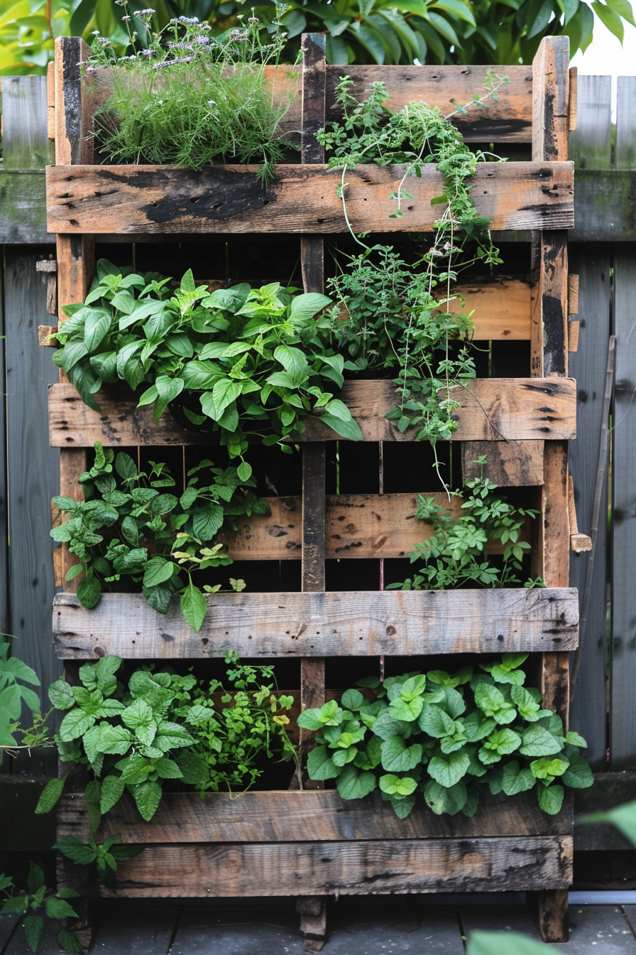 Vertical garden using stacked wooden pallets filled with various green herbs and plants.