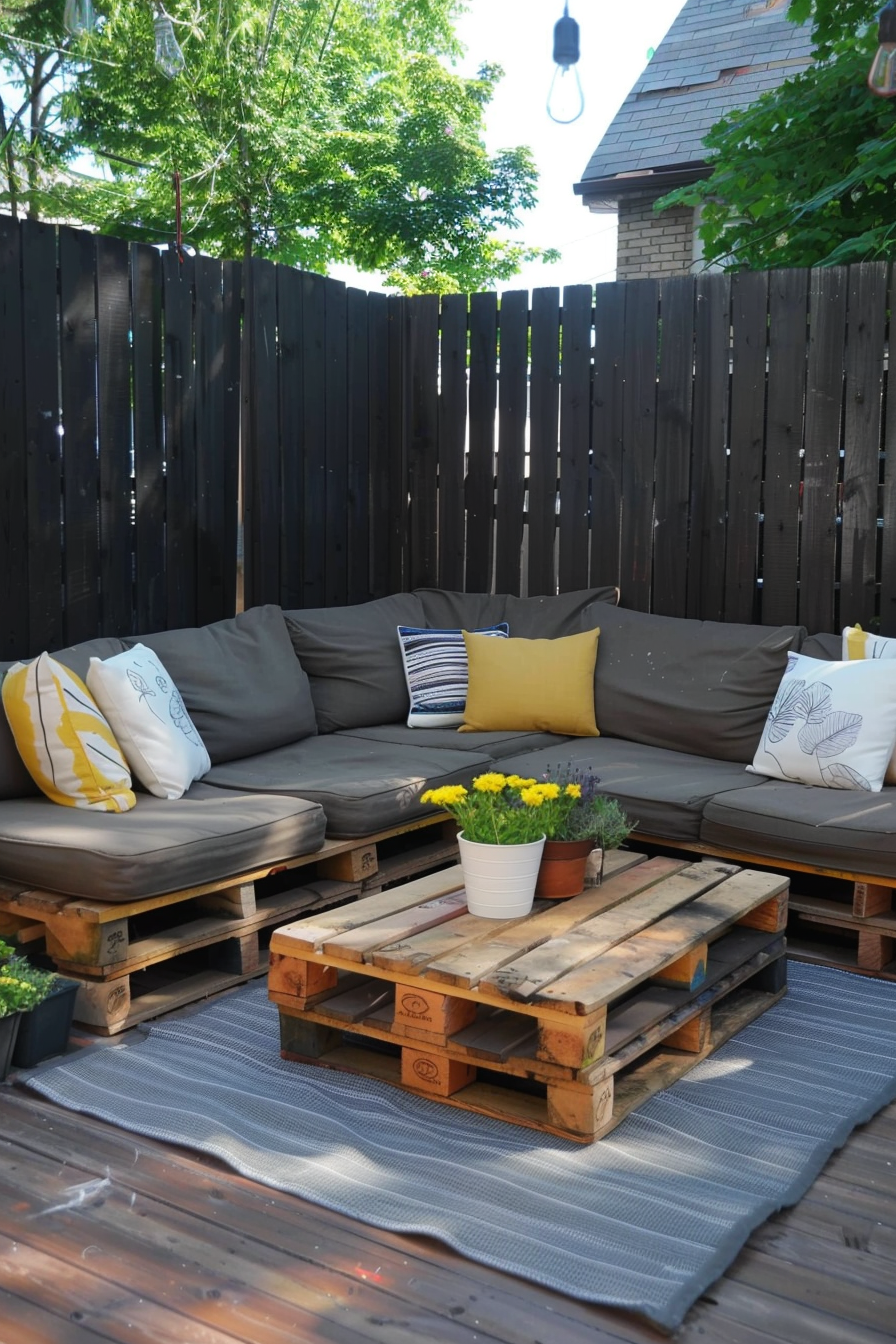 Outdoor seating area with couches made from pallets, cushions, and a center table, against a wooden fence.
