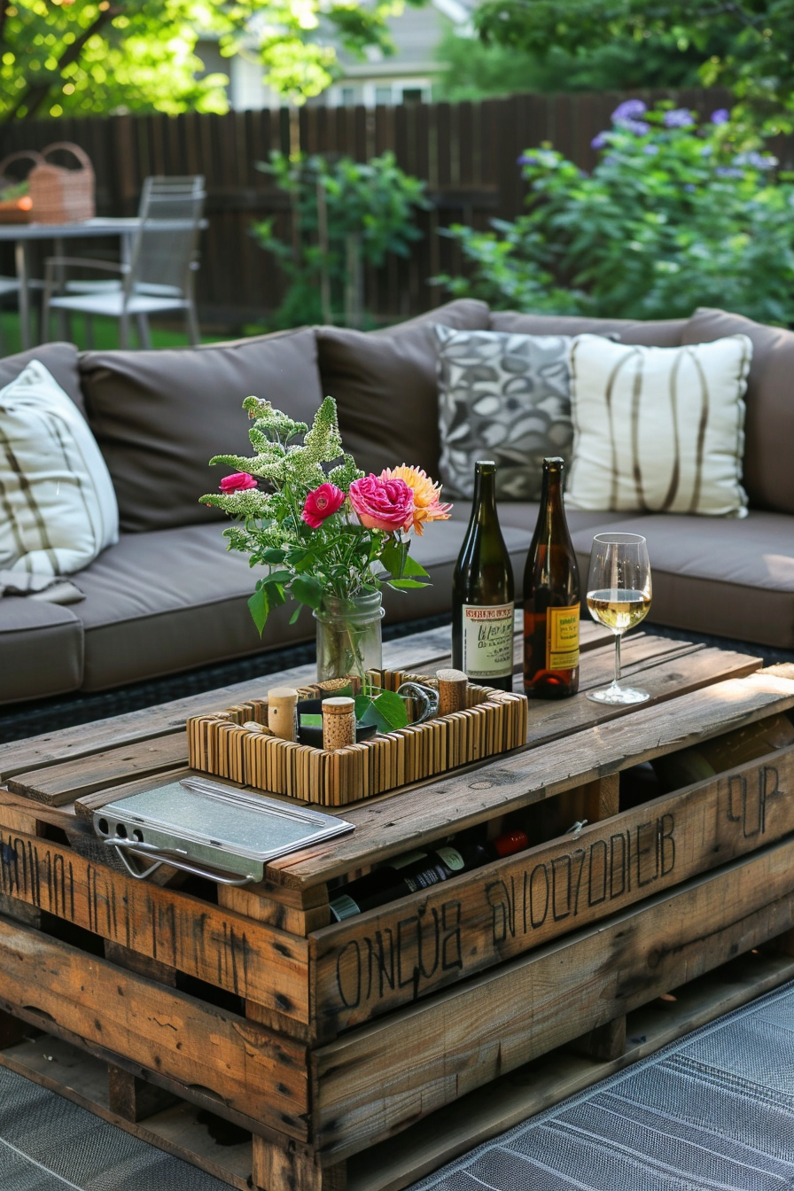 A cozy outdoor seating area with a sofa, a repurposed wooden pallet table, fresh flowers, wine bottles, and a wine glass.