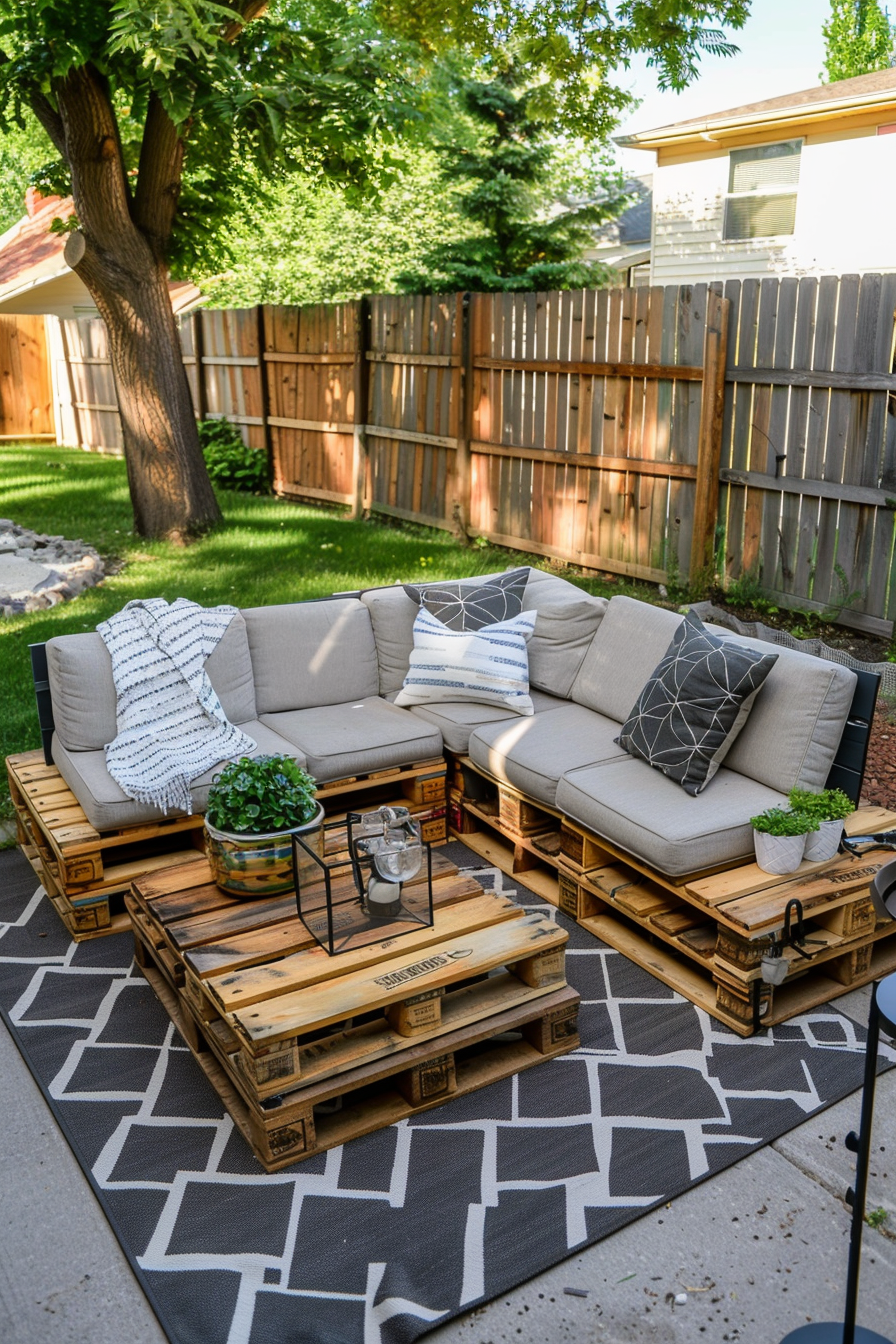 An outdoor seating area with furniture made from pallets, cushions, and a rug, surrounded by lush greenery and a wooden fence.