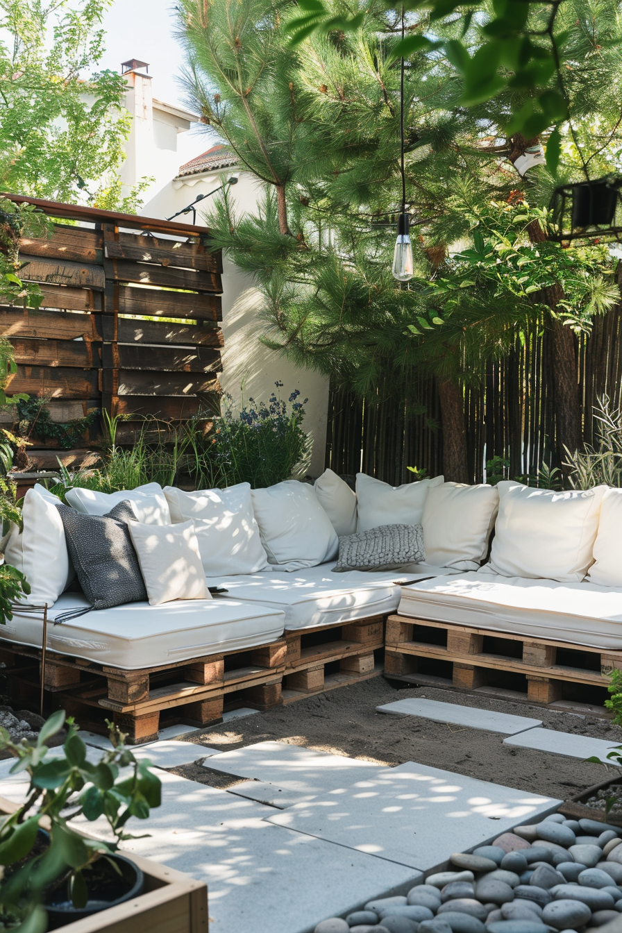 Cozy outdoor seating area with DIY wooden pallet sofas, white cushions, and surrounding greenery.