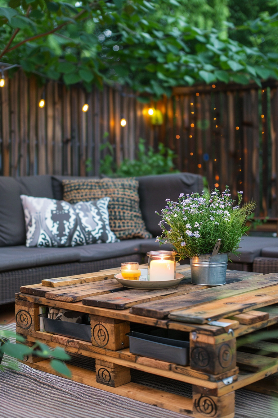 Cozy outdoor patio with string lights, a sofa with decorative pillows, and a pallet table with plants and candles.