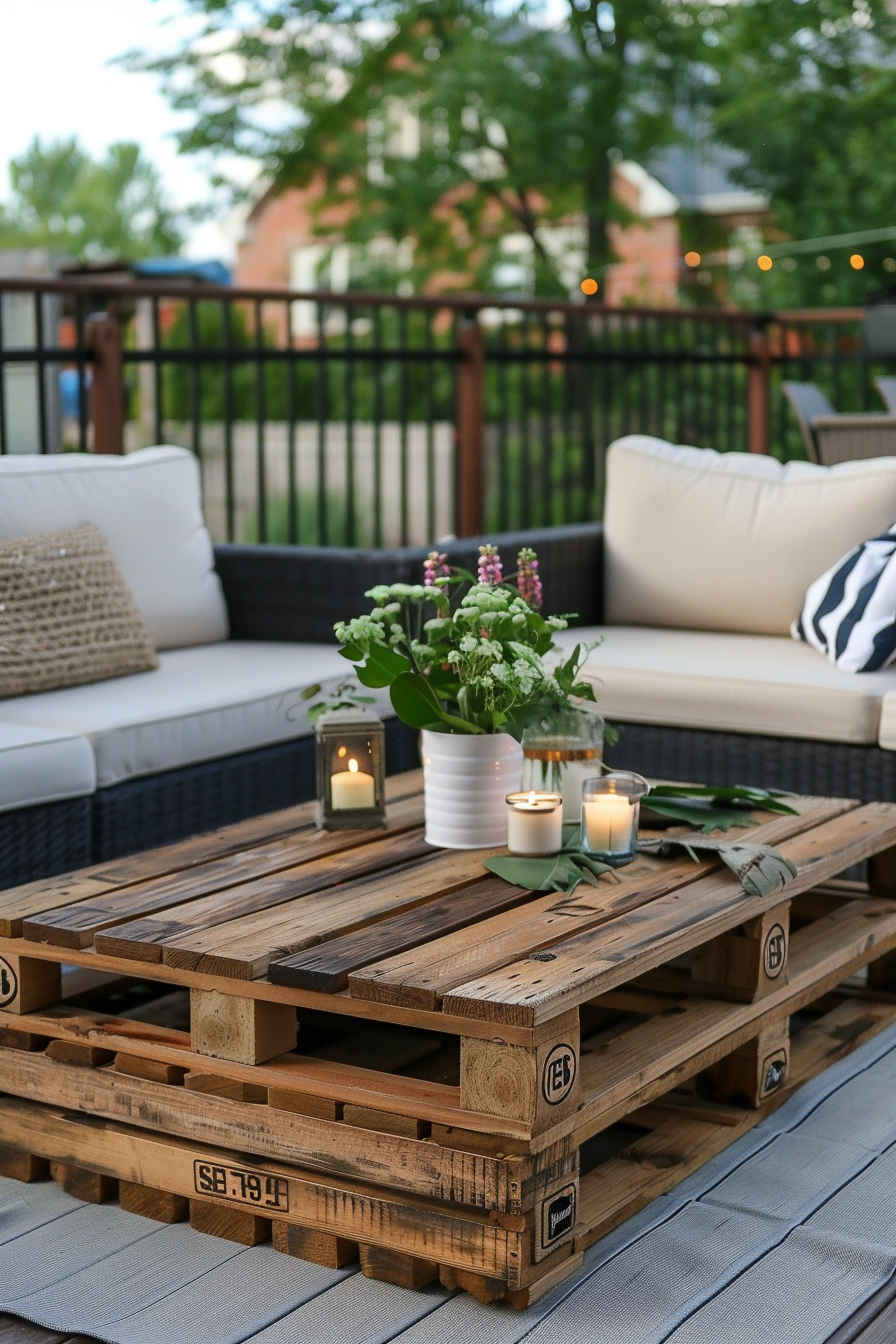 ALT Text: "Cozy outdoor seating area featuring a sofa and a coffee table made from stacked pallets, adorned with candles and fresh flowers."