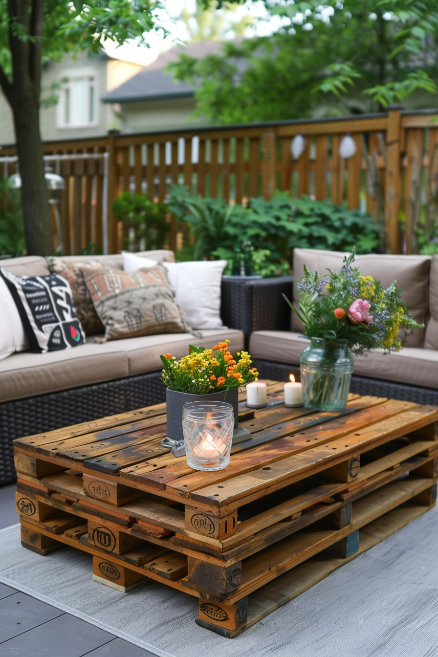 Cozy outdoor patio with a DIY pallet table decorated with candles and flowers, flanked by comfortable couches and lush greenery.