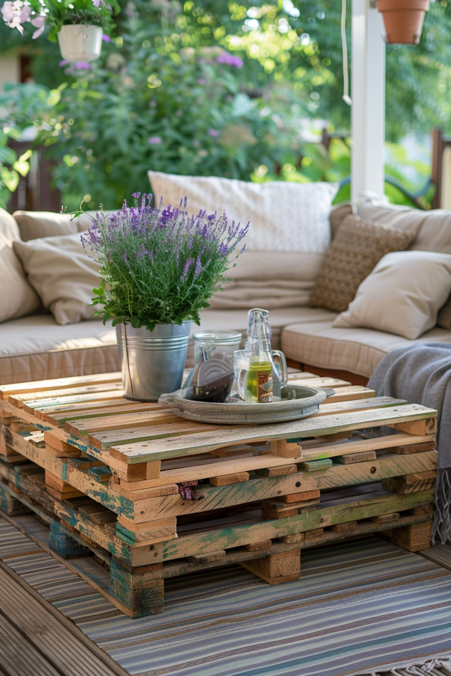 ALT: A cozy outdoor seating area with cushions on a couch, a DIY wooden pallet table topped with lavender and a tray with bottles.