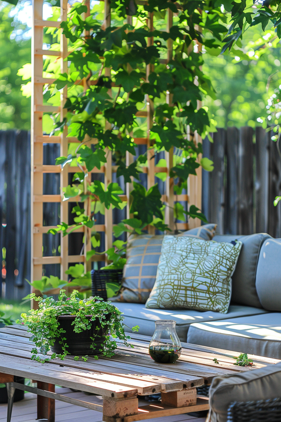 A cozy outdoor patio with a wooden table, greenery, and a cushioned bench in a sunlit garden setting.