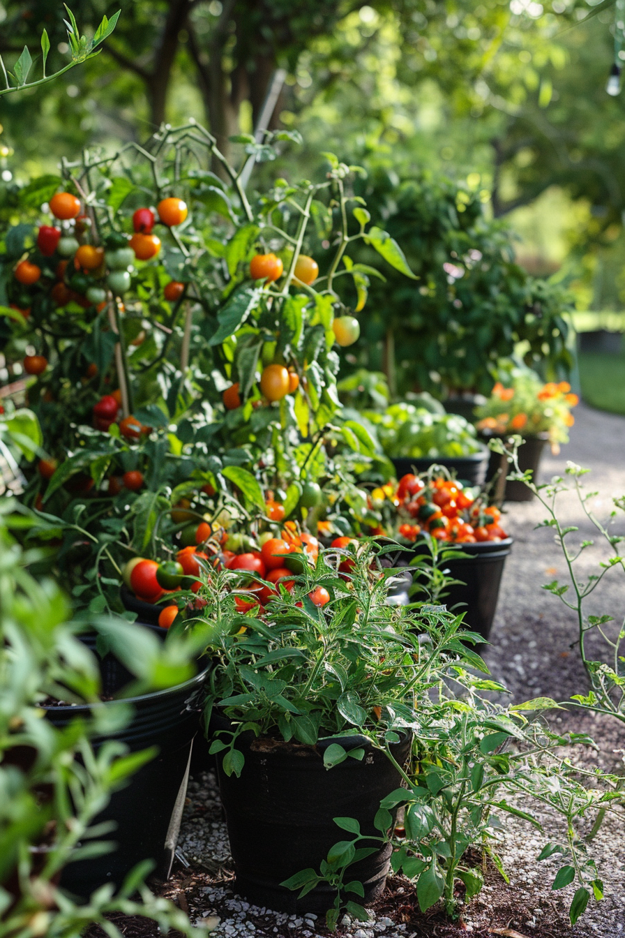 Ripe cherry tomatoes growing in black pots lined up along a garden path with lush green background.