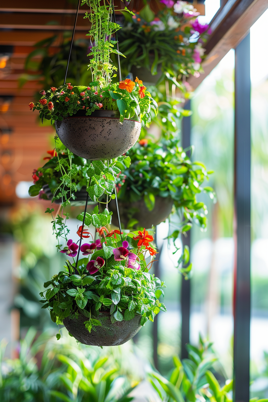 Hanging flower pots with vibrant blooms and greenery suspended in front of a sunny window with a blurred background.
