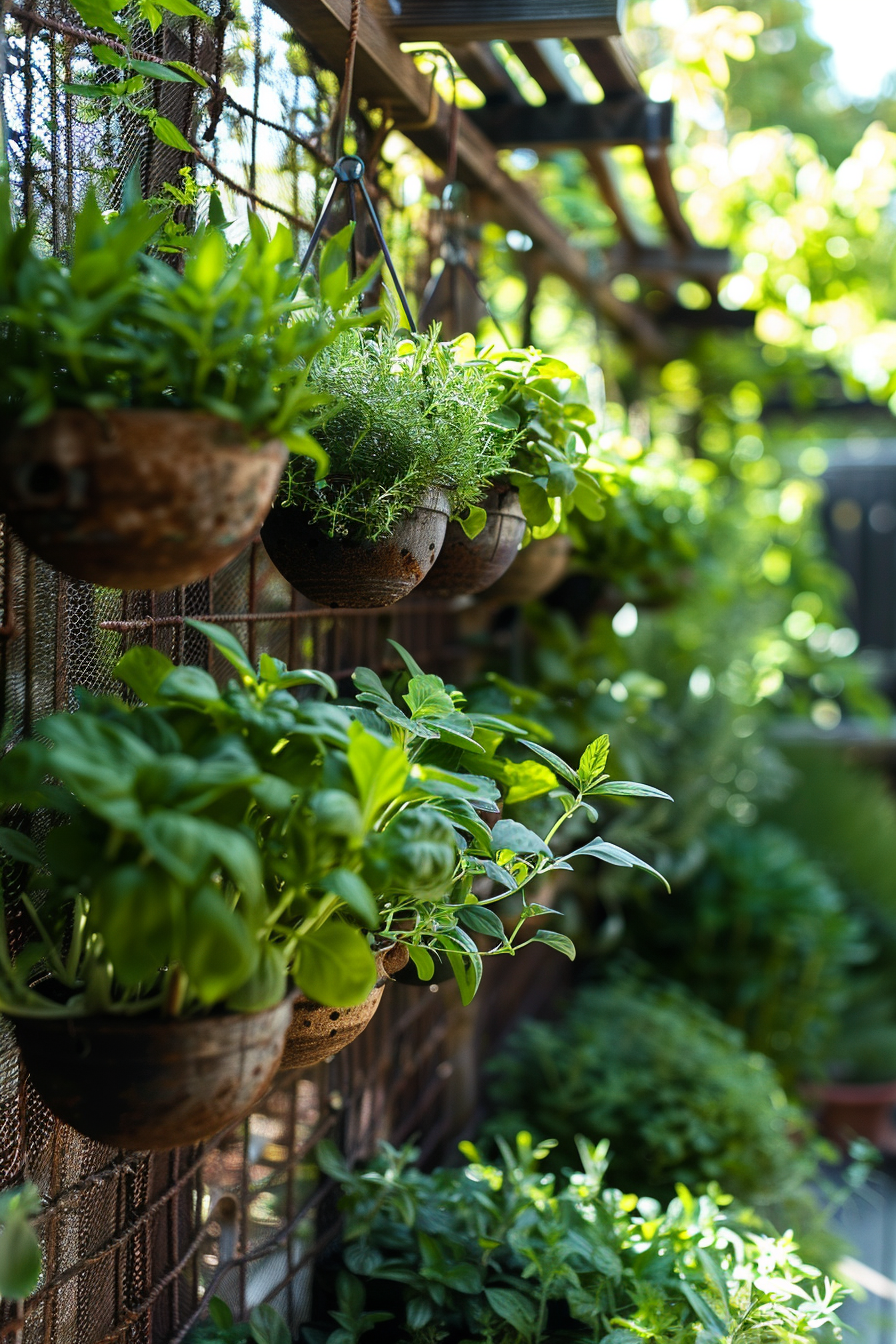 A variety of lush green plants in hanging pots attached to a wire mesh in a sunlit garden setting.