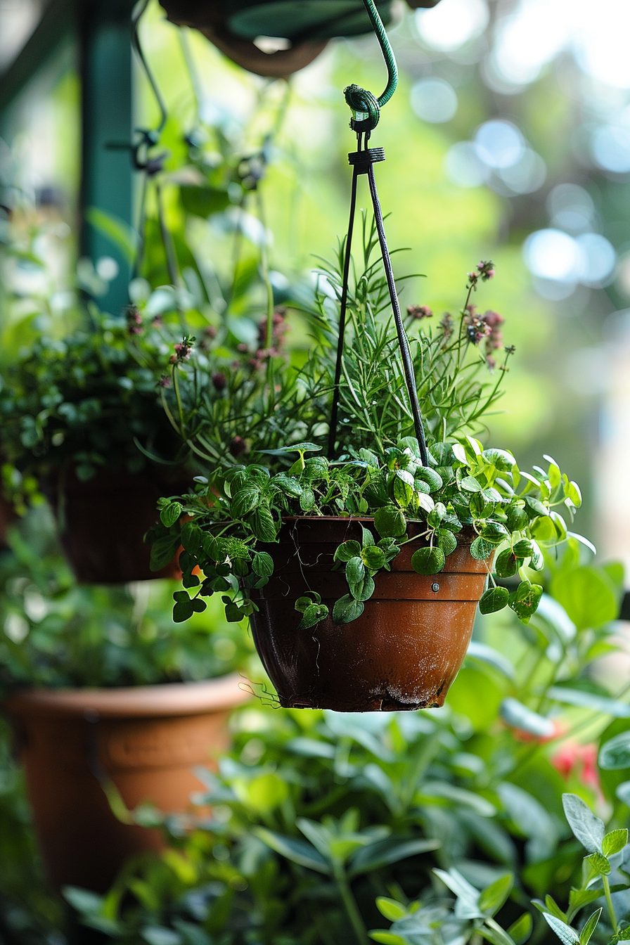 Hanging terracotta pots with green herbs and plants, suspended by a rope against a blur of foliage.