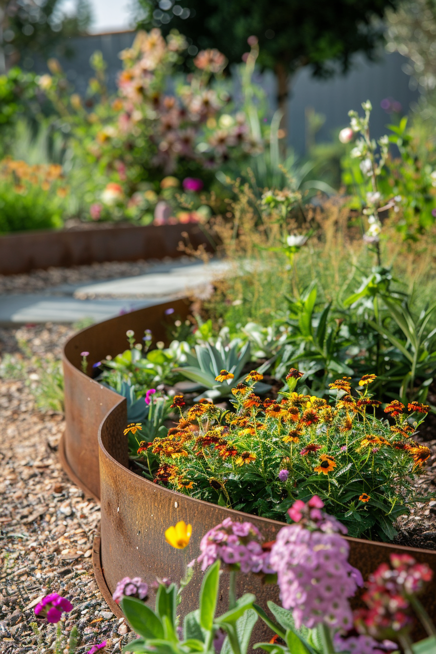 A vibrant garden with rusted metal-edged flower beds full of colorful blooms and lush greenery under a bright sun.