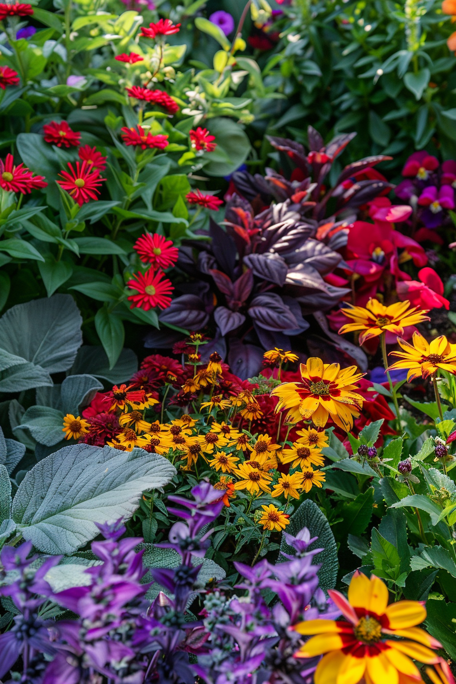 A vibrant garden bed filled with a variety of colorful flowers—reds, purples, yellows, and greens—bathing in sunlight.