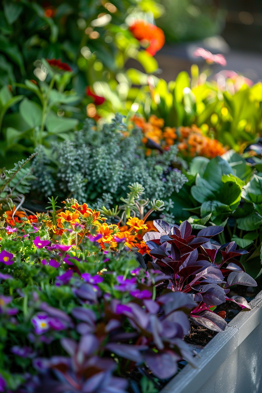 A vibrant flowerbed filled with a variety of blossoms in purple, orange, and green, basking in sunlight.