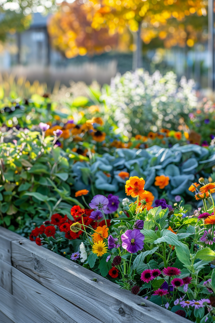 A vibrant flowerbed with a mix of red, orange, purple, and yellow flowers in a wooden raised garden box, with soft-focus autumn trees in the background.