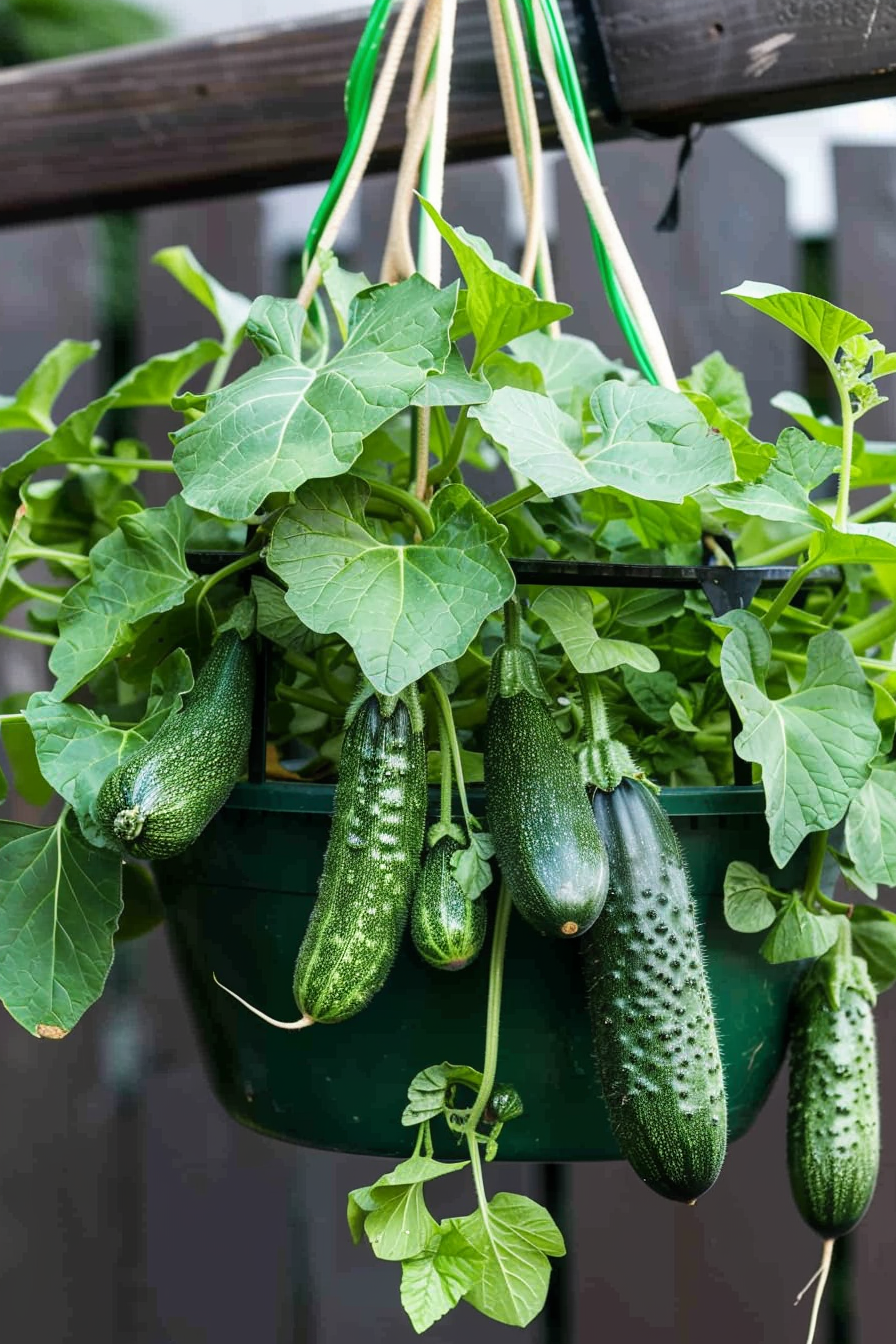Hanging green planter with several ripe cucumbers ready for harvest amidst lush leaves.