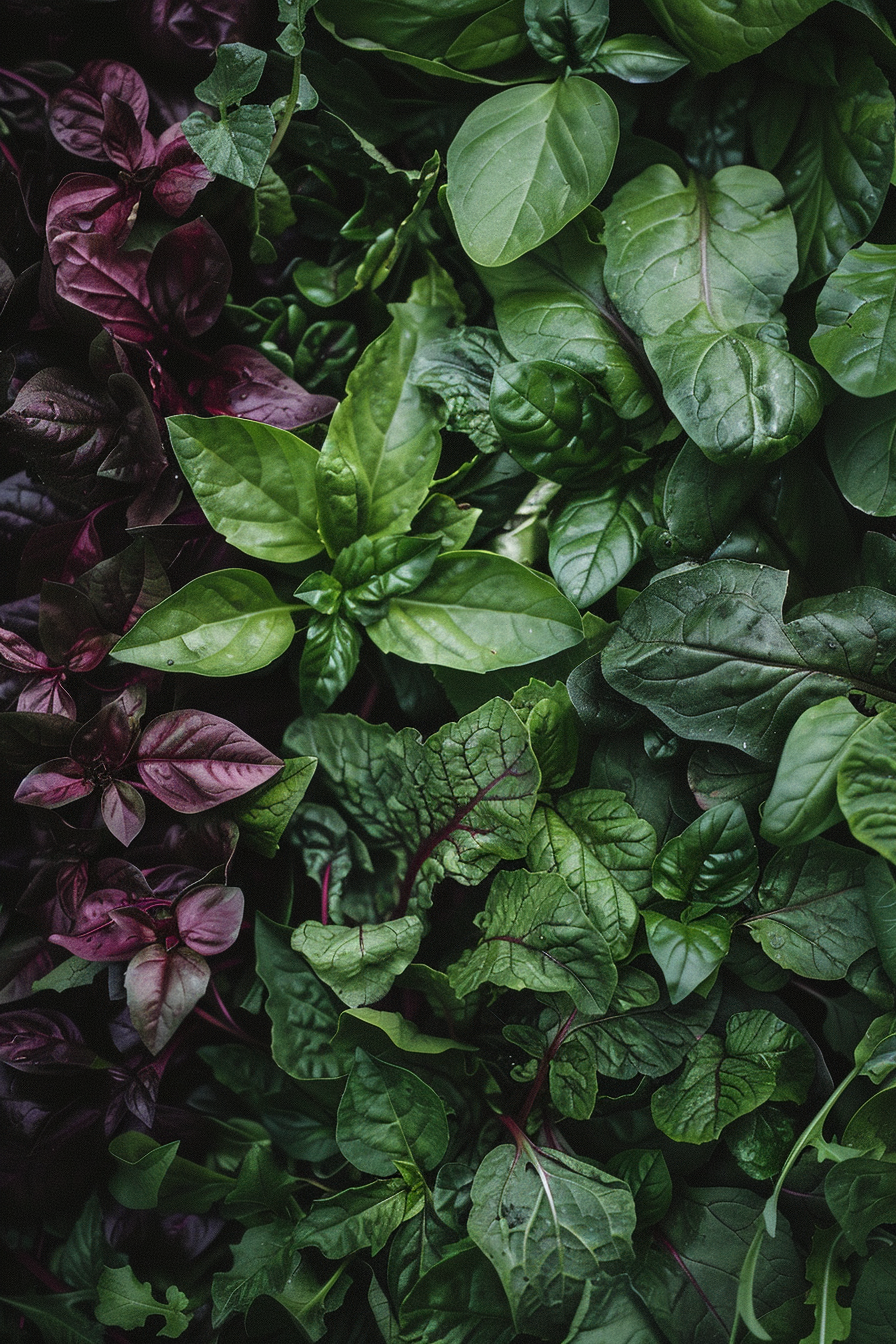 ALT text: Close-up of various fresh green and purple basil leaves intermingled with green spinach leaves, showcasing vibrant plant textures.