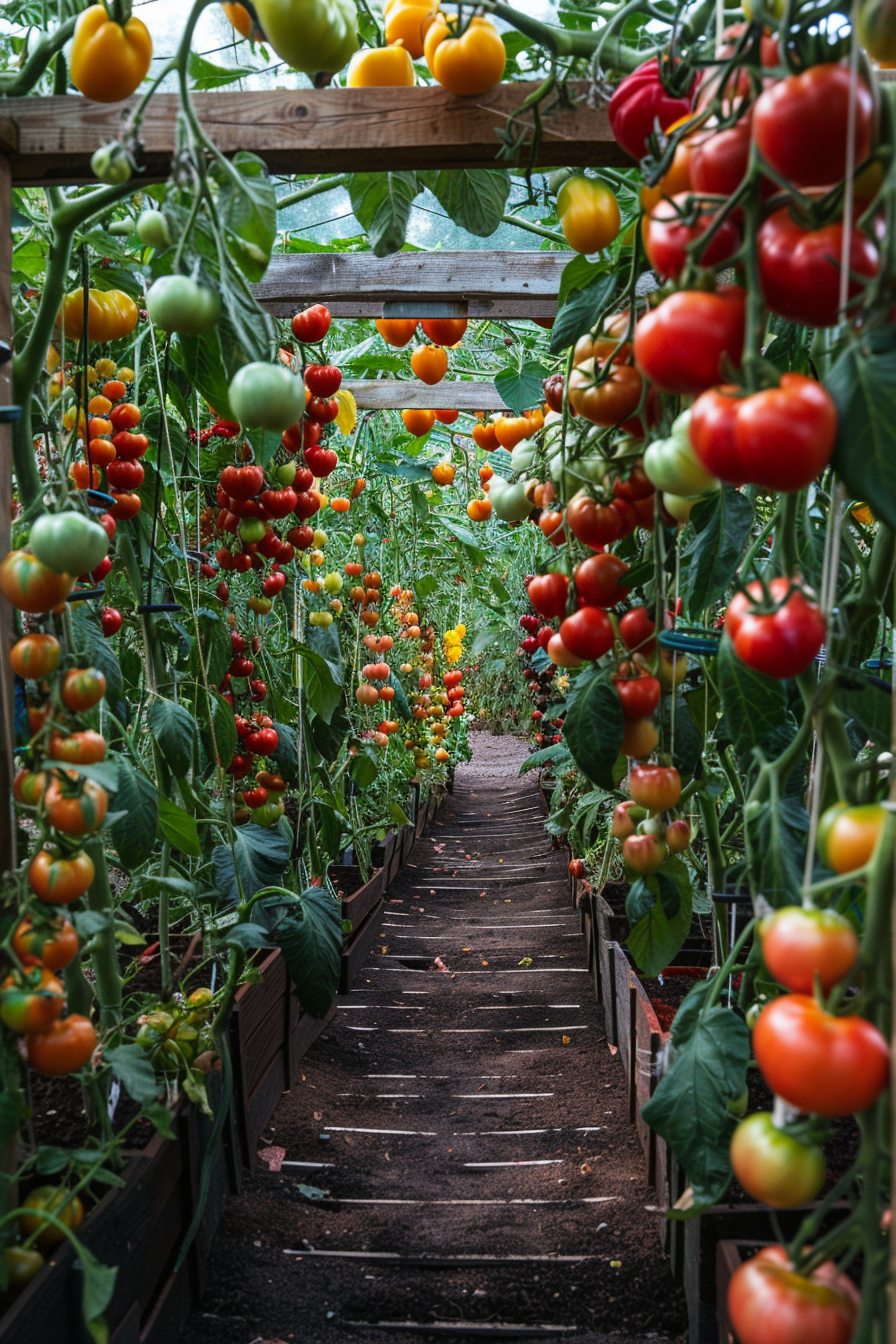 ALT: A pathway in a greenhouse flanked by lush tomato plants with varying ripeness hanging from wooden trellises.
