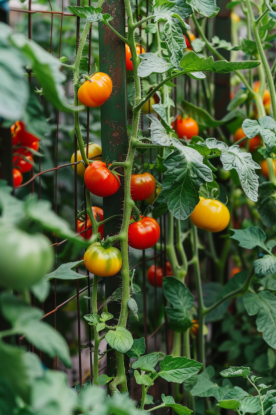 Ripe and unripe tomatoes hanging on a vine with a metal trellis support in a garden.