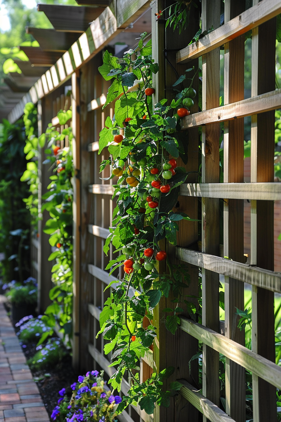 Ripe tomatoes growing on a vine along a wooden lattice fence, with sunlit green foliage and purple flowers below.