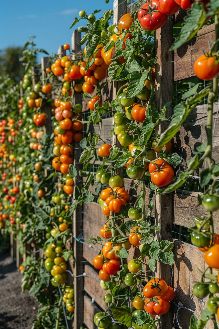 Ripe and unripe tomatoes growing on a vine against wooden pallets, used as vertical garden structures.