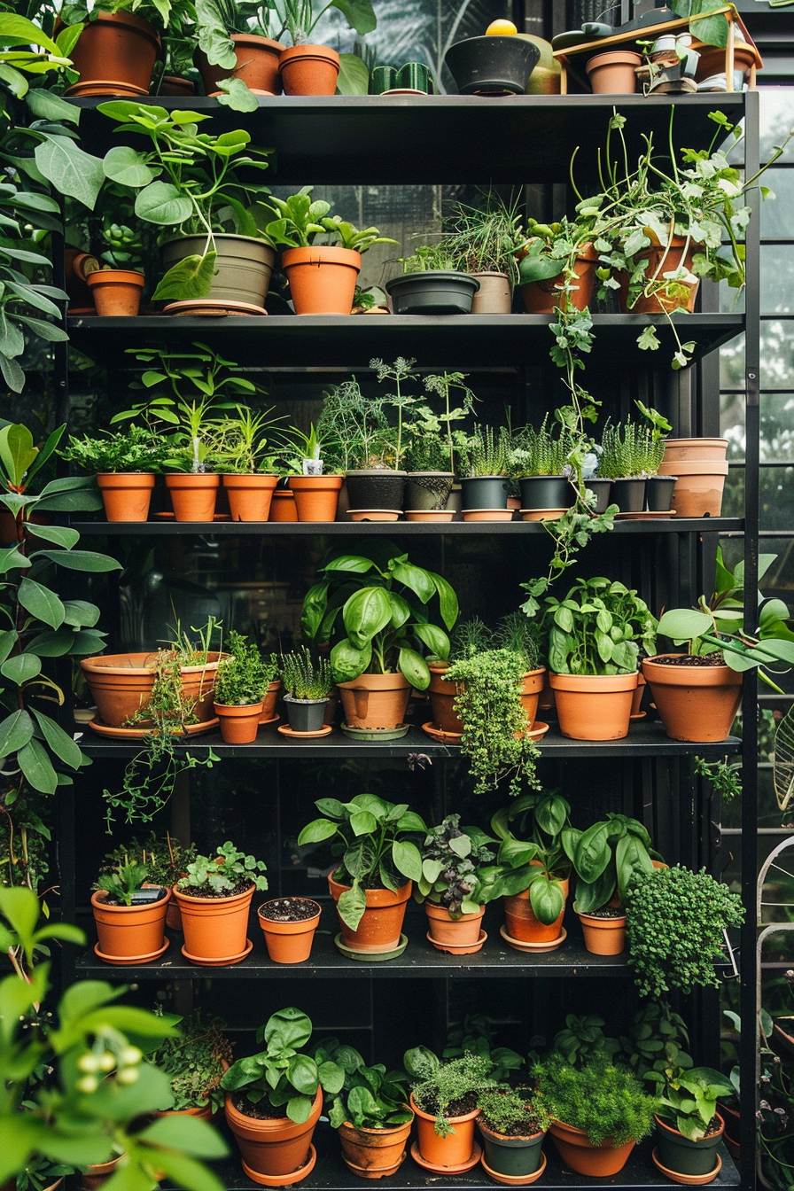 A variety of potted houseplants arranged on a multi-tiered black shelving unit against a glass backdrop.