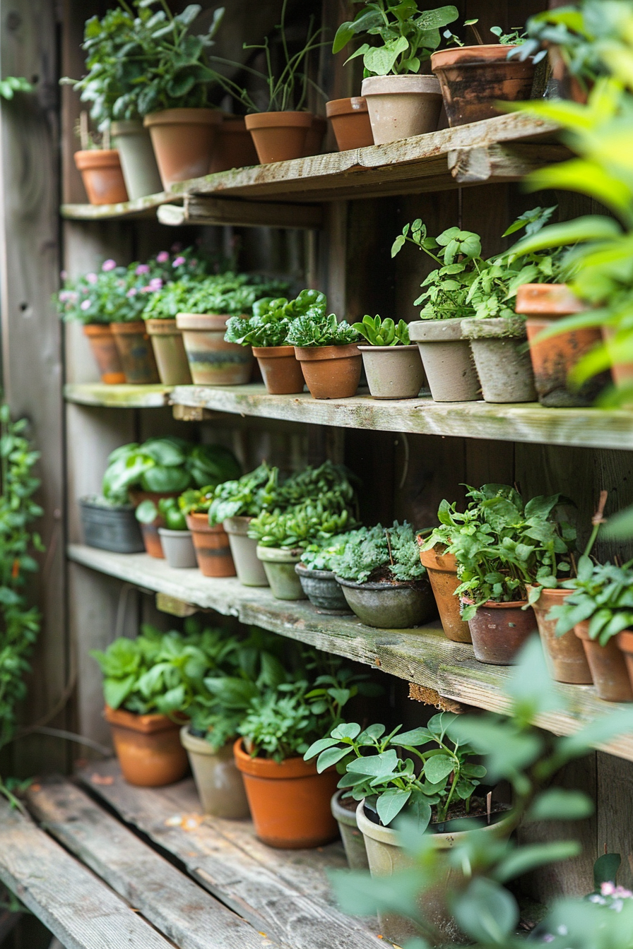 Wooden shelves with various potted plants and succulents in a garden setting.