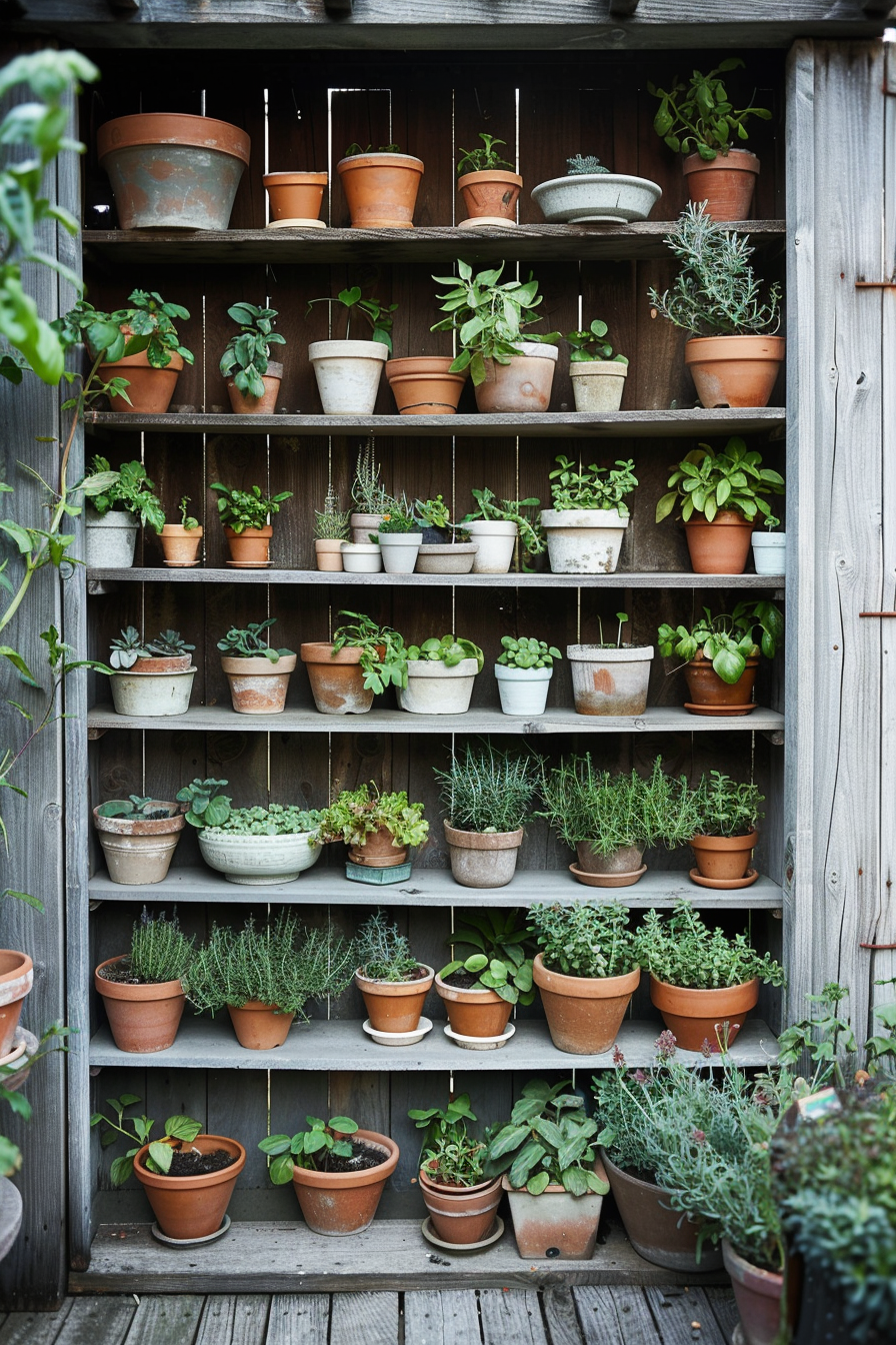 Wooden shelving unit in a garden, filled with an assortment of potted plants and herbs.