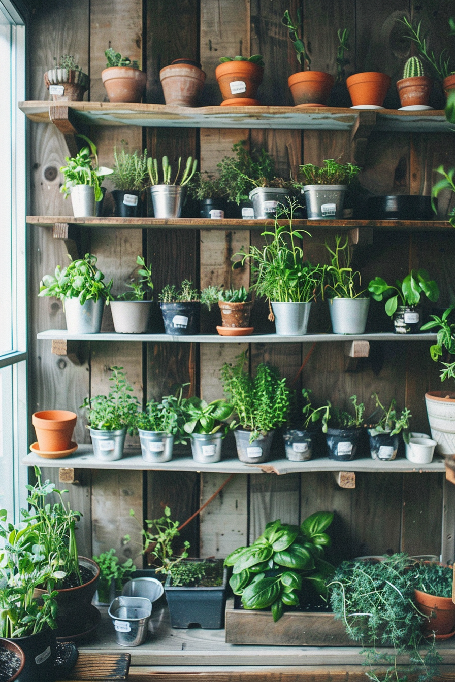 A rustic wooden shelving unit filled with various potted herbs and houseplants in a cozy indoor setting.