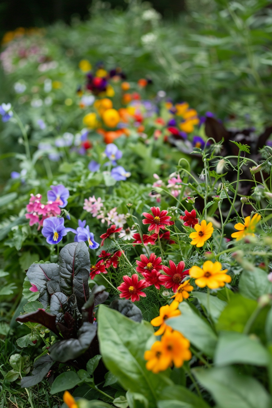 Colorful various flowers in a garden with a clear focus on bright red and yellow blooms, surrounded by greenery.