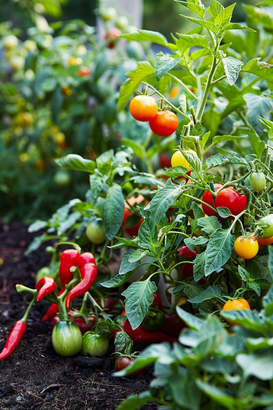 Ripe and unripe tomatoes on the vine with red chili peppers growing at the base in a lush garden setting.
